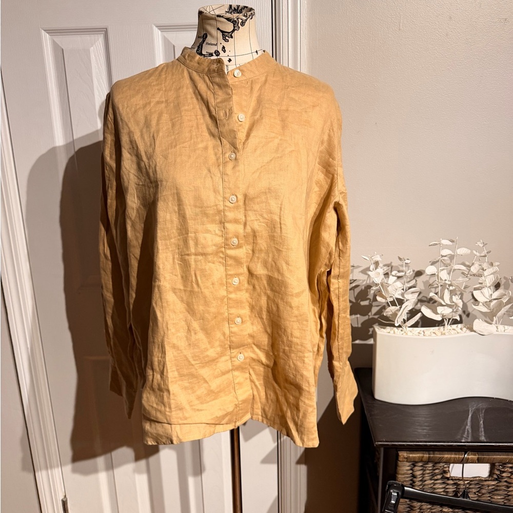NWOT Ann Taylor 100% Linen Button Shirt band mock collar coastal camel blouse XL
